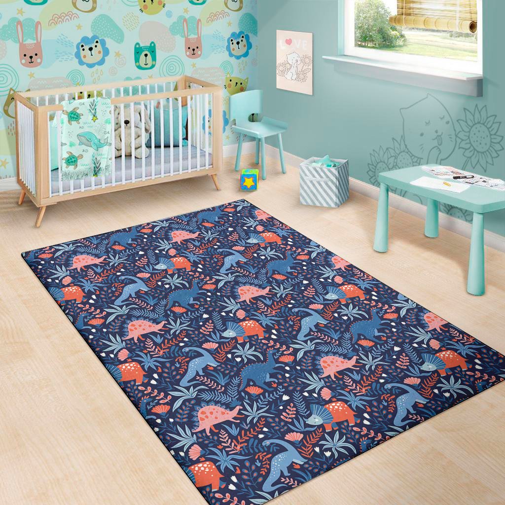 Cute Dino Leaves And Flowers Print Area Rug Floor Decor cute dino leaves and flowers print area rug floor decor 1236
