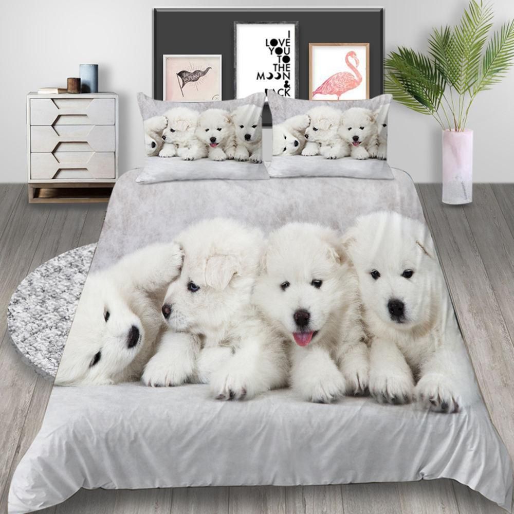 Cute White Puppy Printed Bedding Set Bedroom Decor cute white puppy printed bedding set bedroom decor 3085