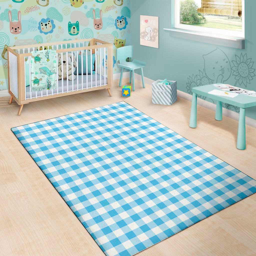 cyan blue and white gingham print area rug floor decor 2899