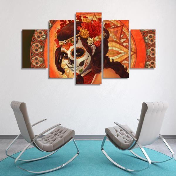 Day Of The Dead Inspired Face Sugar Skull - Abstract 5 Panel Canvas Art Wall Decor day of the dead inspired face sugar skull abstract 5 panel canvas art wall decor 1432