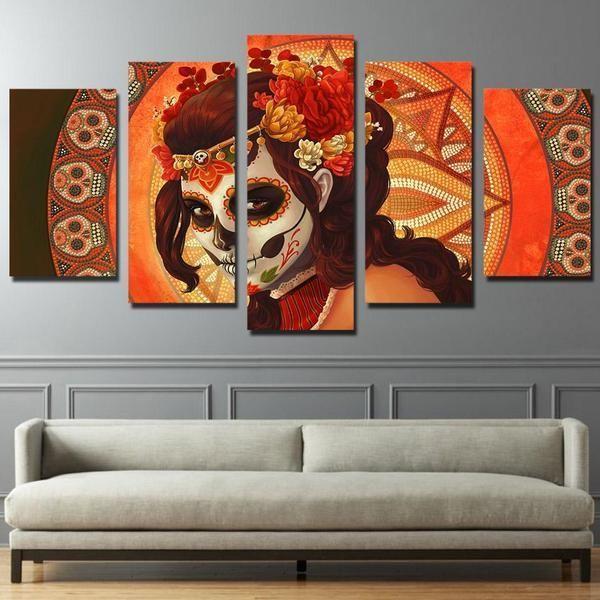 Day Of The Dead Inspired Face Sugar Skull - Abstract 5 Panel Canvas Art Wall Decor day of the dead inspired face sugar skull abstract 5 panel canvas art wall decor 3138