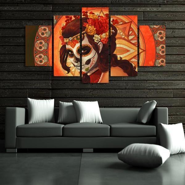 Day Of The Dead Inspired Face Sugar Skull - Abstract 5 Panel Canvas Art Wall Decor day of the dead inspired face sugar skull abstract 5 panel canvas art wall decor 5630