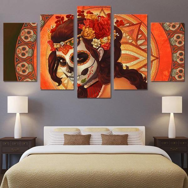 Day Of The Dead Inspired Face Sugar Skull - Abstract 5 Panel Canvas Art Wall Decor day of the dead inspired face sugar skull abstract 5 panel canvas art wall decor 6748