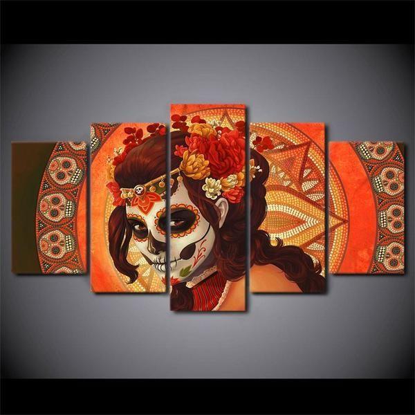 Day Of The Dead Inspired Face Sugar Skull - Abstract 5 Panel Canvas Art Wall Decor day of the dead inspired face sugar skull abstract 5 panel canvas art wall decor 7397
