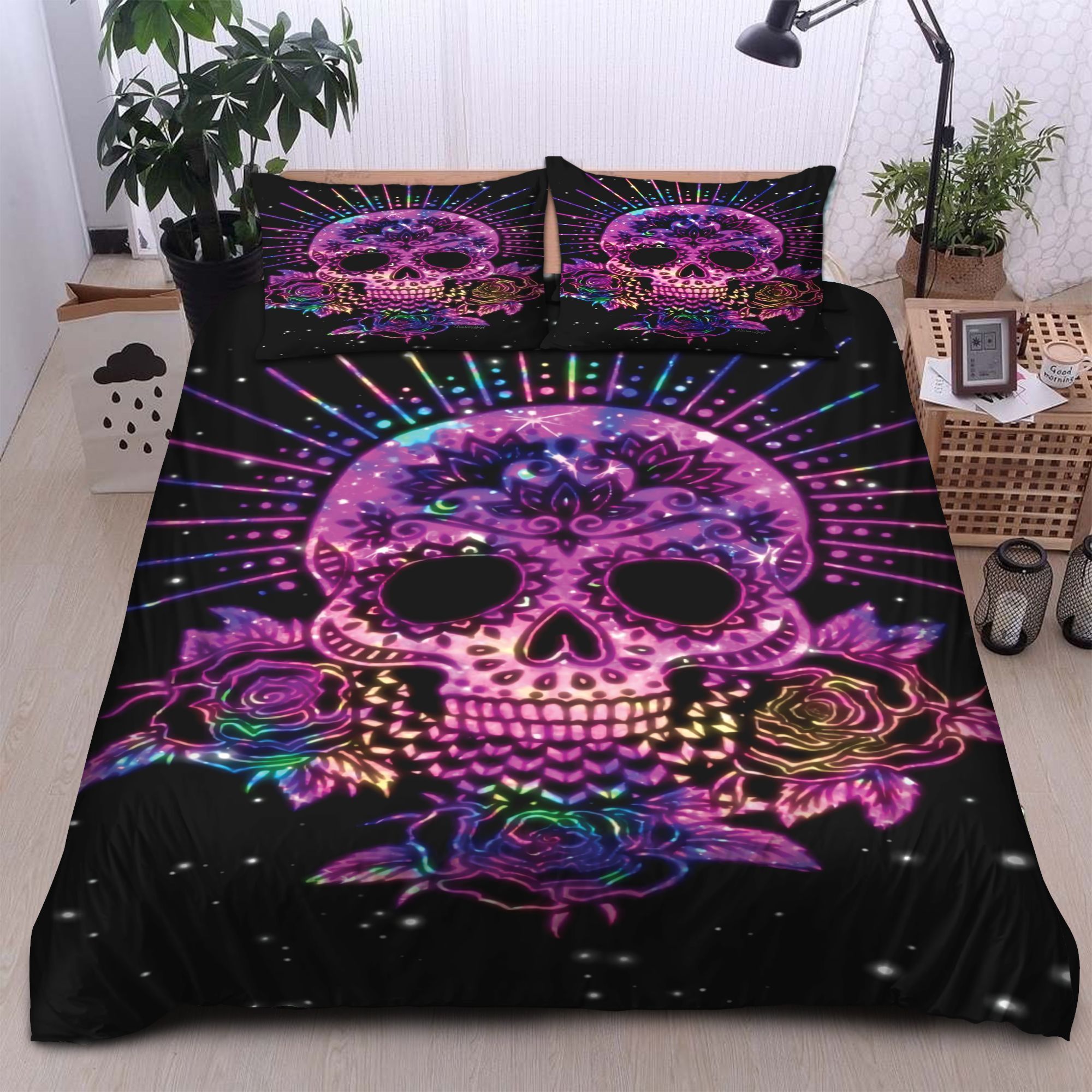 day of the dead skull purple rose duvet cover bedding set 1224