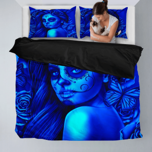 deep blue calavera fresh look halloween spirit duvet cover bedding set bedroom decor 3589
