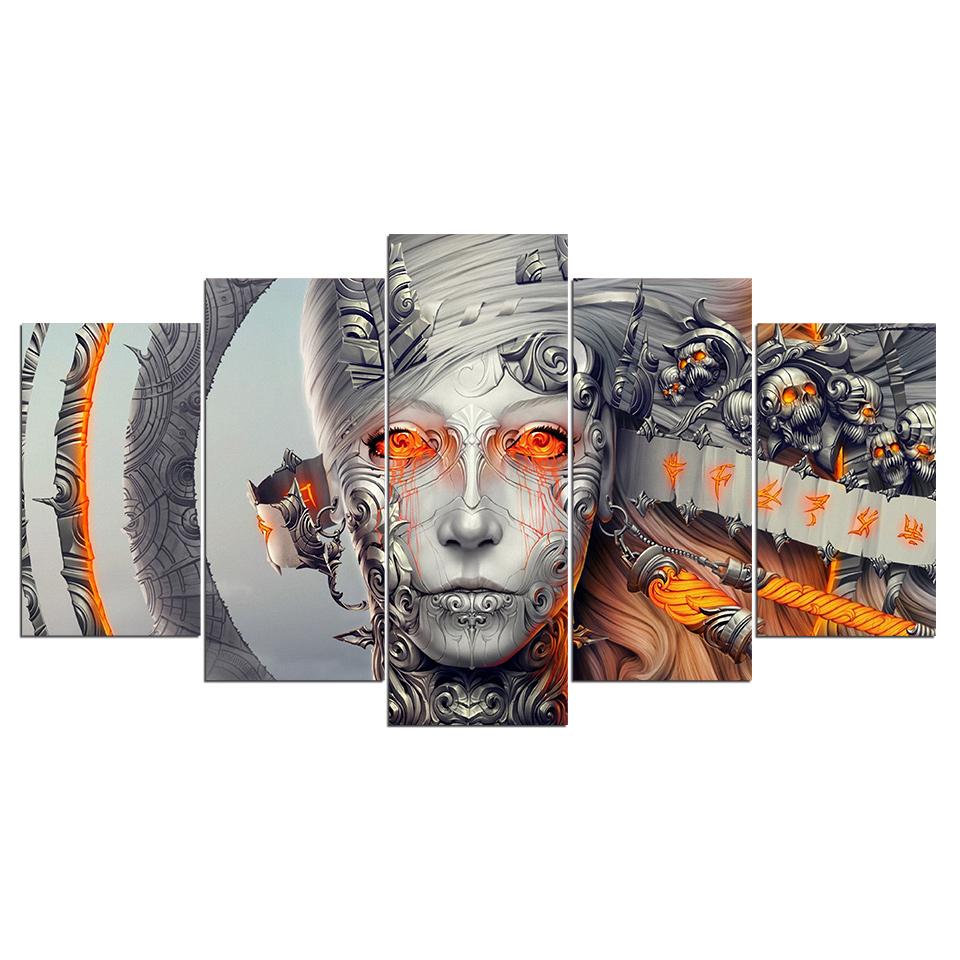 devushka metall robot abstract 5 panel canvas art wall decor 1728