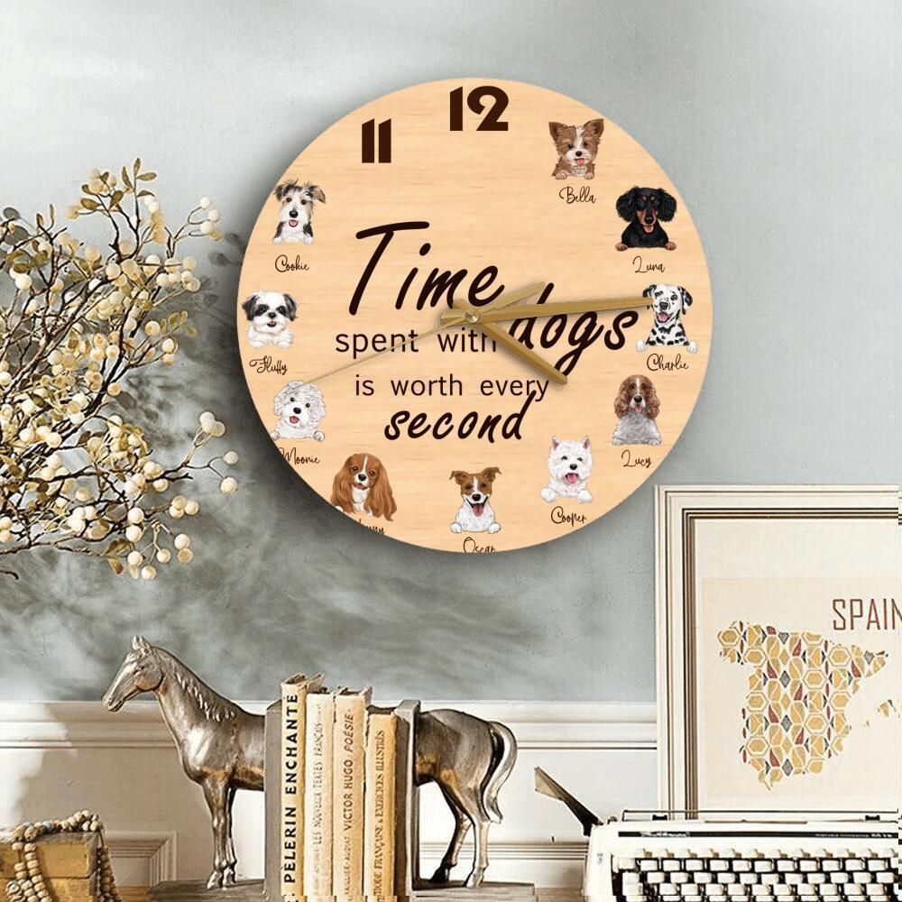 dog lover personalized wooden wall clock time spent with dogs 3491