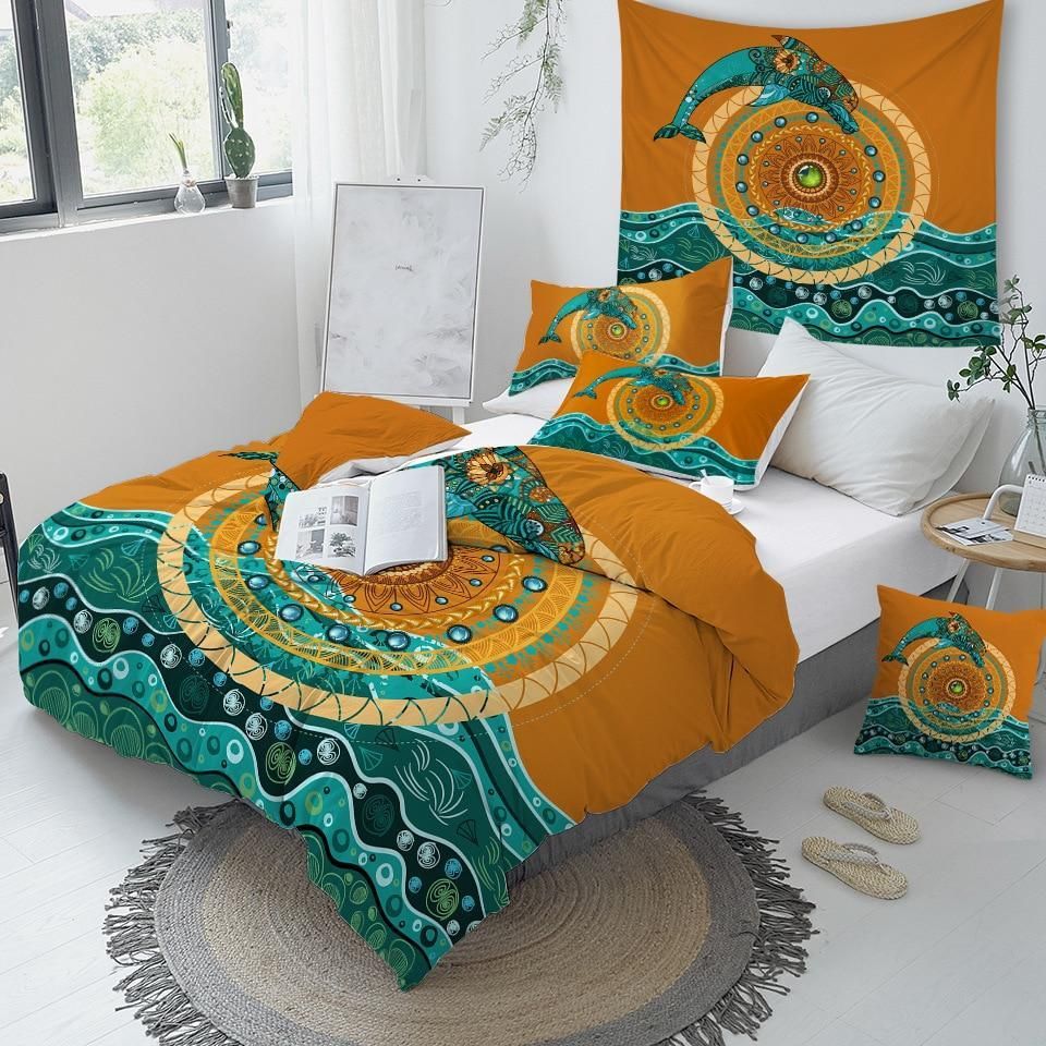 dolphin art orange and blue duvet cover bedding set 3922