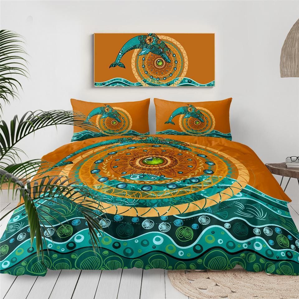 dolphin art orange and blue duvet cover bedding set 5266