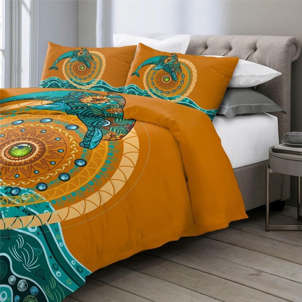 dolphin art orange and blue duvet cover bedding set 7539