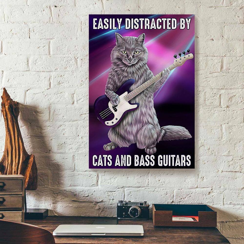 easily distracted by cats and bass guitars canvas prints wall art decor 2622