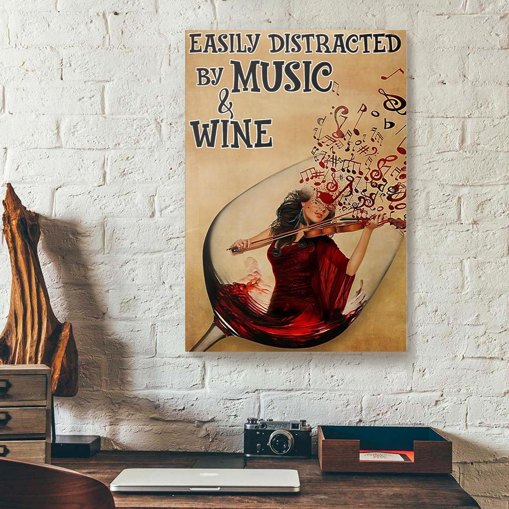 easily distracted by music and wine violin canvas prints wall art decor 3078