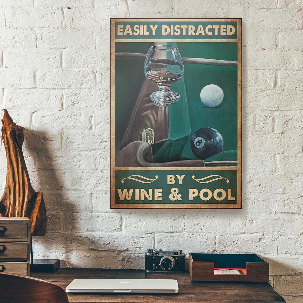 easily distracted by wine and pool billiard canvas prints wall art decor 1192