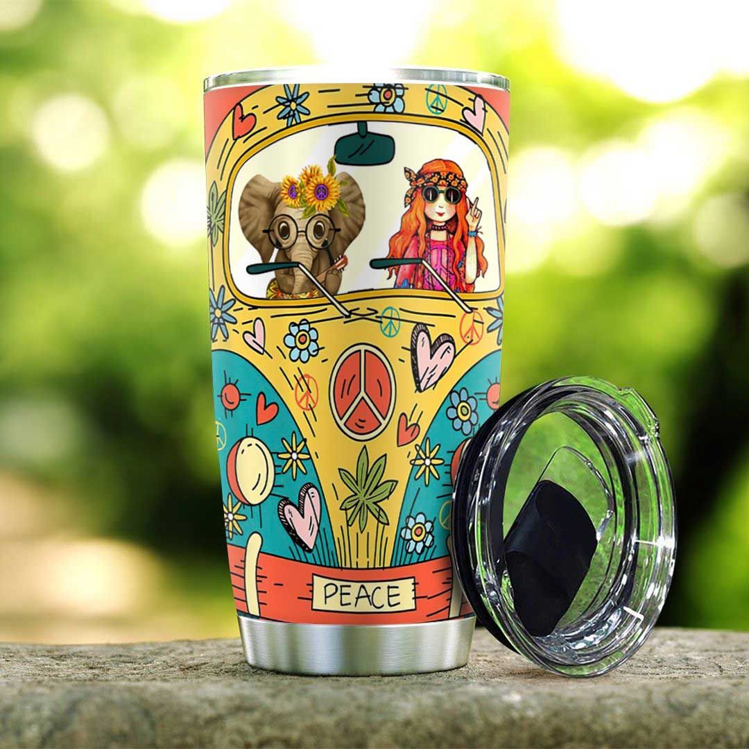 elephant and flower child hippie van personalized stainless steel tumbler 3763