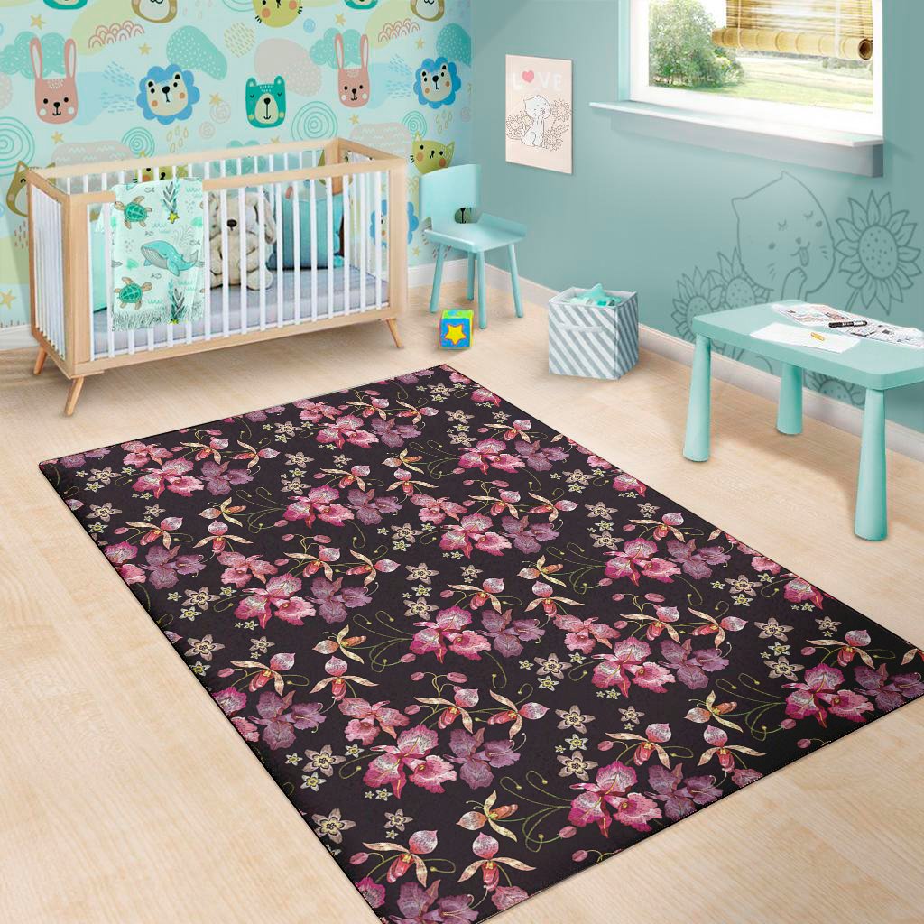 embroidery orchid flower pattern print area rug floor decor 2478