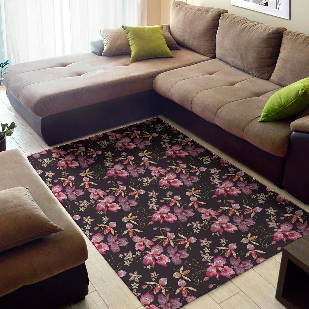 embroidery orchid flower pattern print area rug floor decor 4158