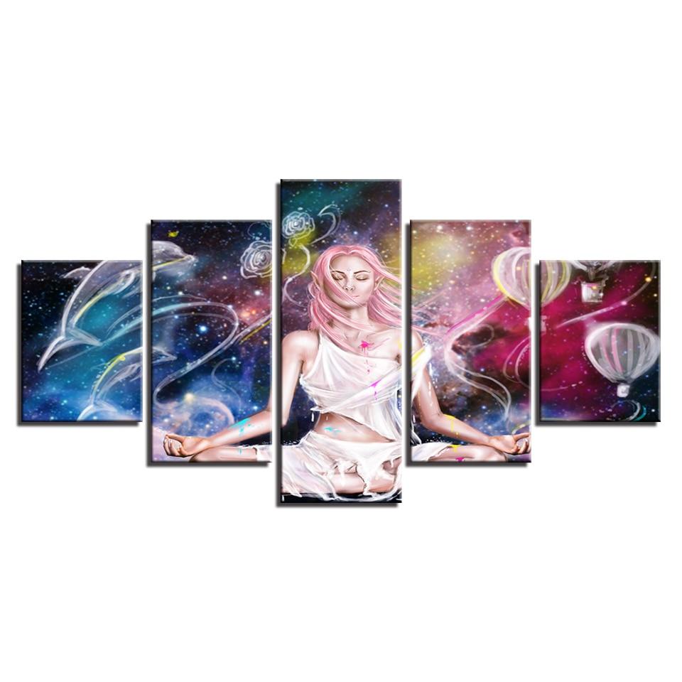 fairy meditation and porpoise hot air balloon abstract 5 panel canvas art wall decor 4697