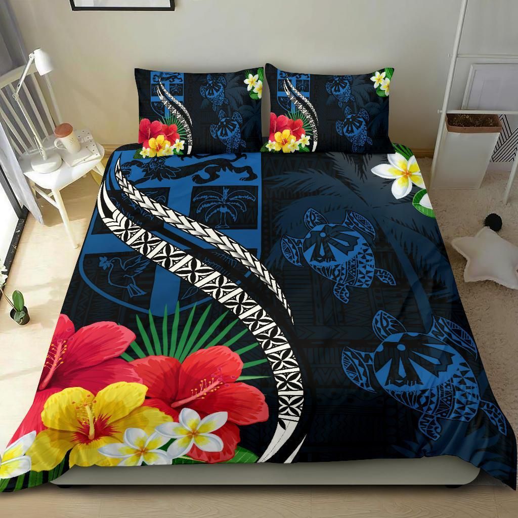 fiji turtle hibiscus coat of arm blue bedding set bedroom decor 7828