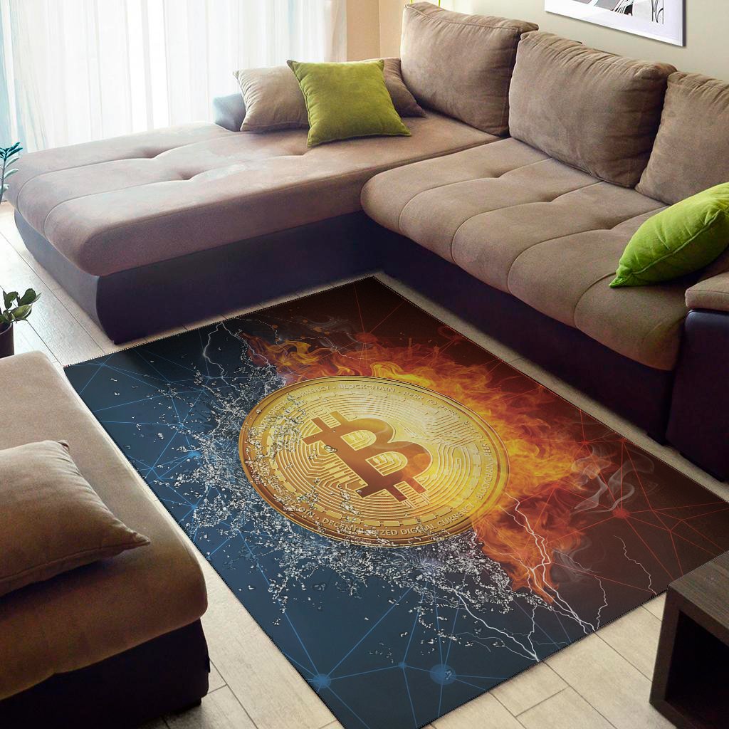 fire and water bitcoin print area rug floor decor 4822