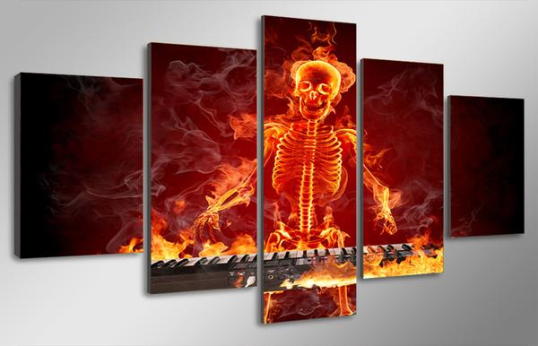 fire flames skull skeleton keyboard player abstract music 5 panel canvas art wall decor 1576