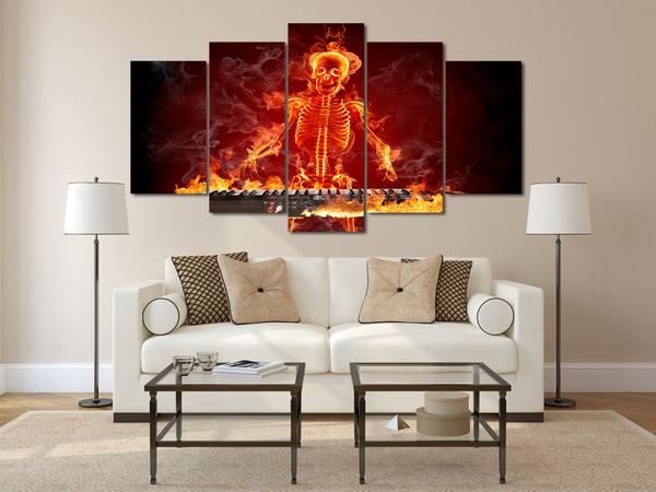 fire flames skull skeleton keyboard player abstract music 5 panel canvas art wall decor 5535