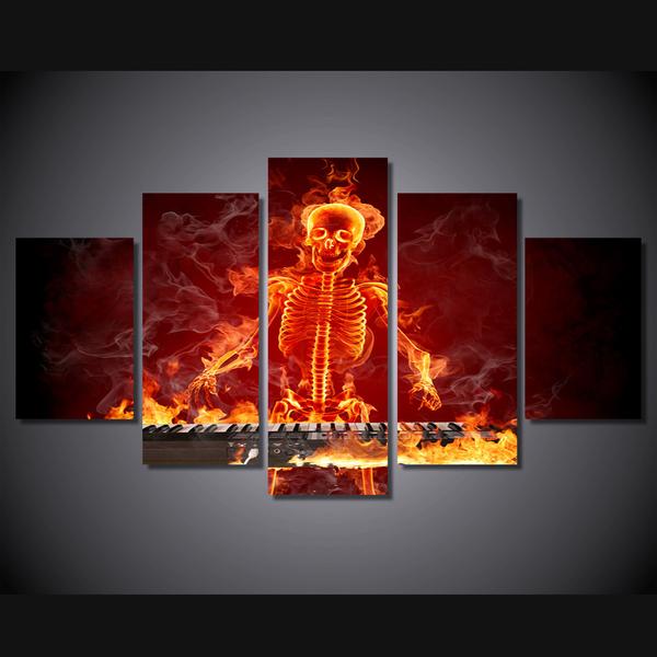 fire flames skull skeleton keyboard player abstract music 5 panel canvas art wall decor 6666