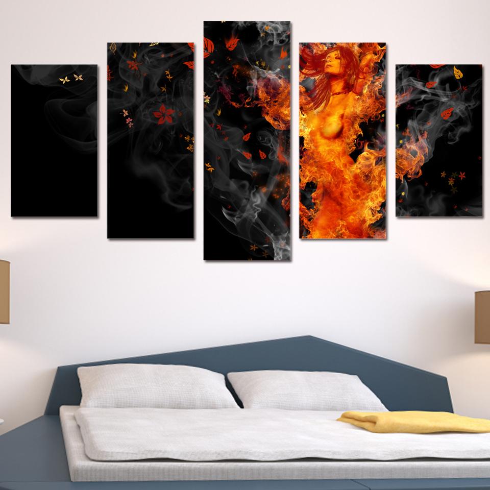 flame girl buring nude abstract 5 panel canvas art wall decor 4705
