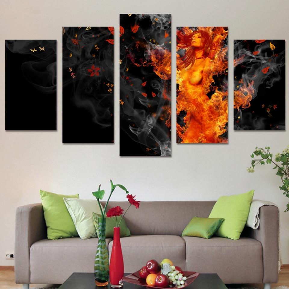 flame girl buring nude abstract 5 panel canvas art wall decor 5308