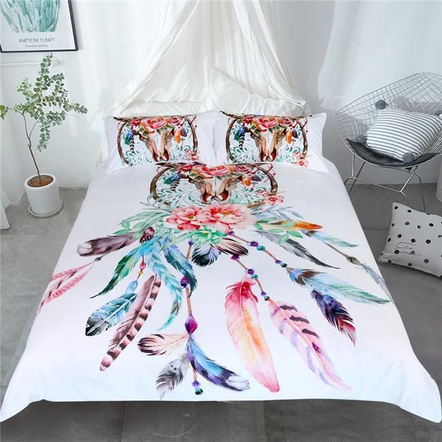 floral dreamcatcher multicolor feathers duvet cover bedding set 7868