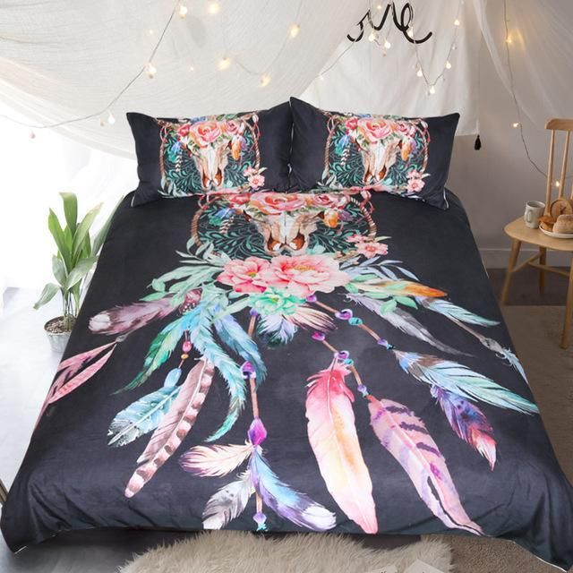 floral dreamcatcher multicolor feathers duvet cover bedding set 8087