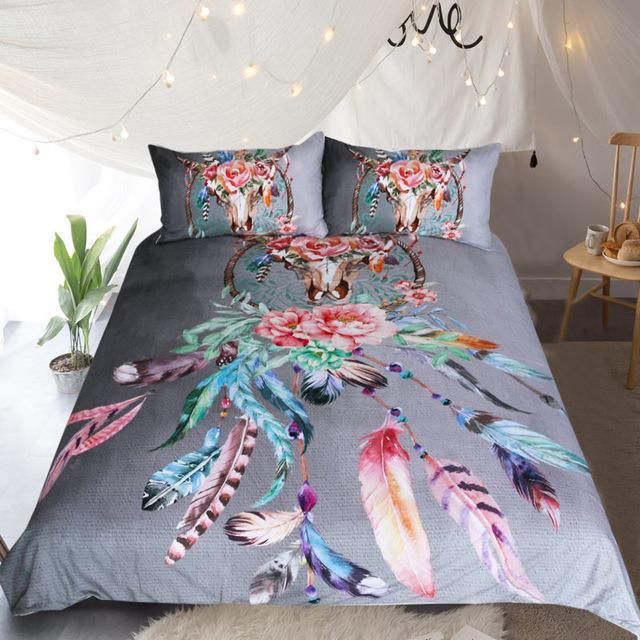 floral dreamcatcher multicolor feathers duvet cover bedding set 8351