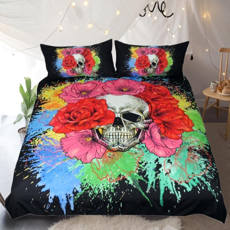 floral skull splash watercolor printed bedding set bedroom decor 8951