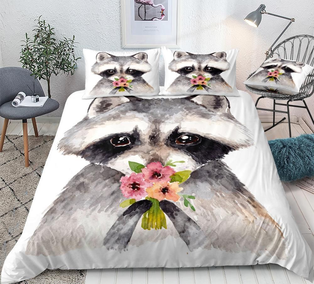 flower raccoon with bouquet of flower duvet cover bedding set 7540