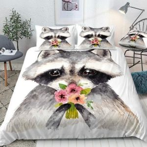 flower raccoon with bouquet of flower duvet cover bedding set 8670