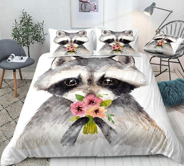 flower raccoon with bouquet of flower duvet cover bedding set 8670
