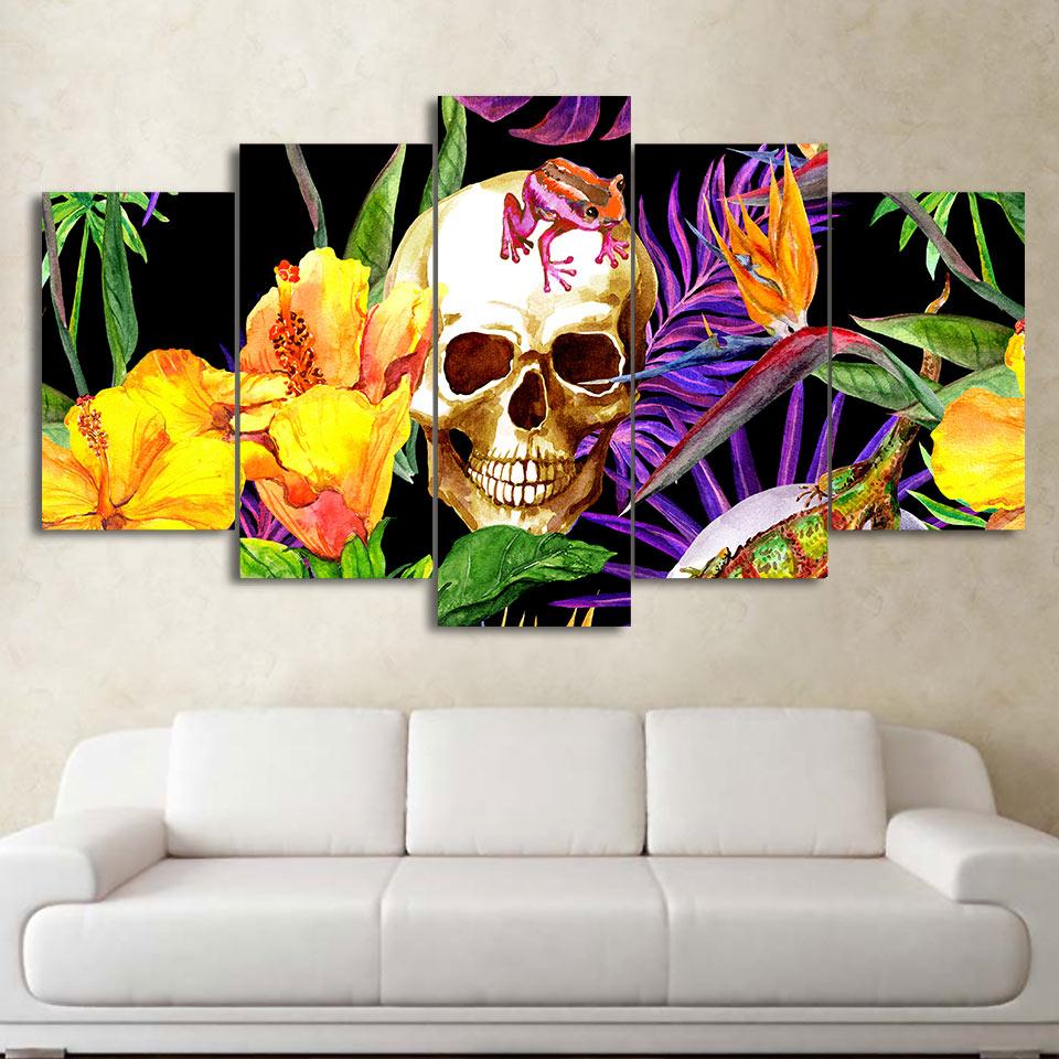 frog on skull in flowers abstract 5 panel canvas art wall decor 2369