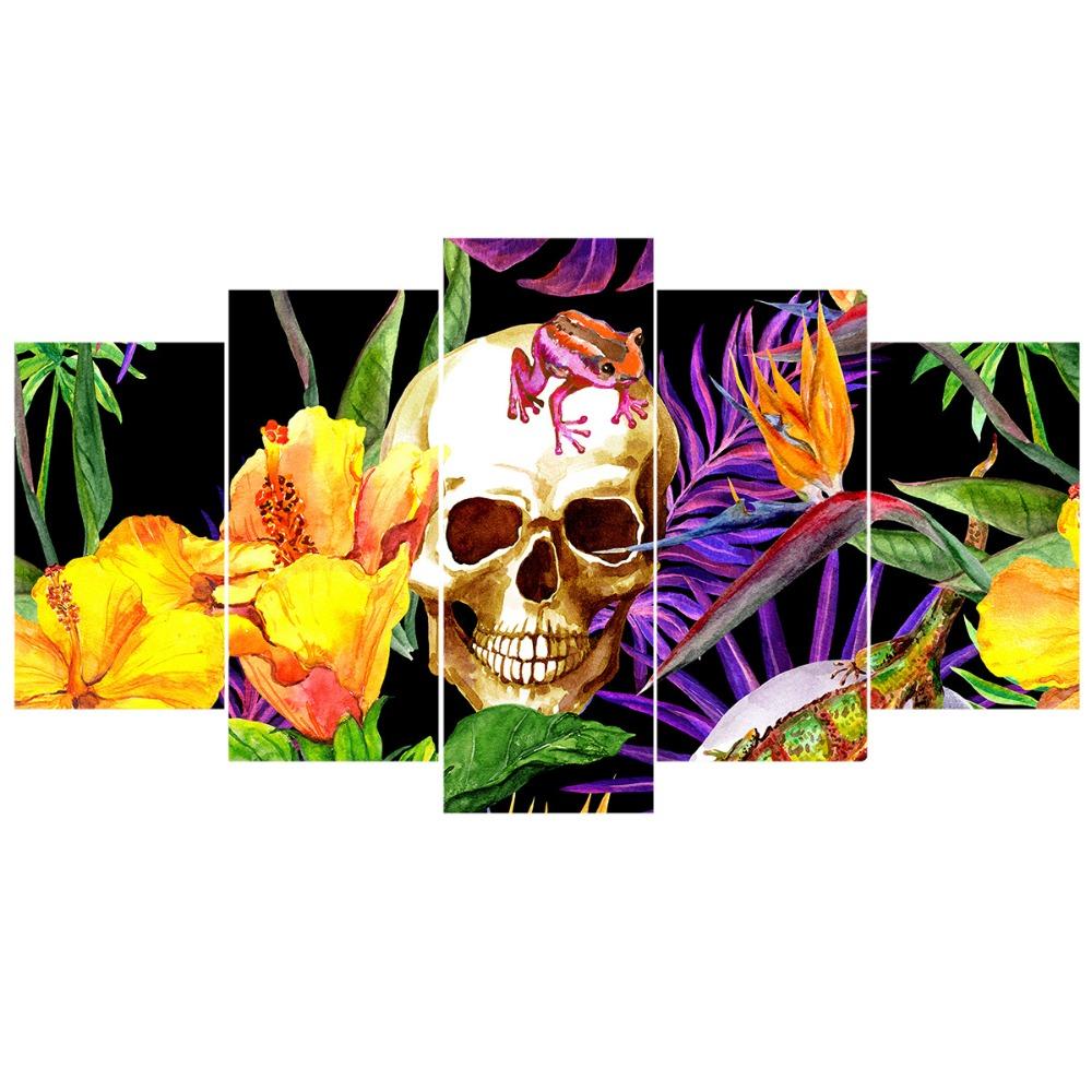 frog on skull in flowers abstract 5 panel canvas art wall decor 7005