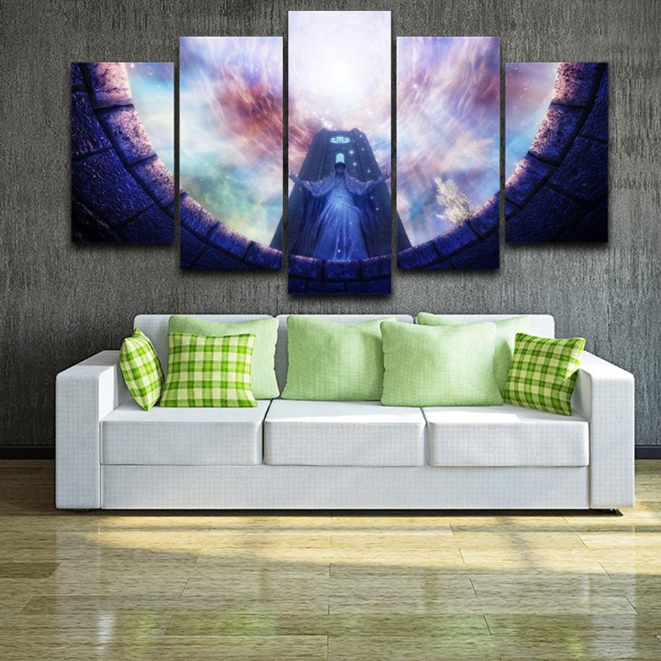 game scroll statues landscape romantic church abstract 5 panel canvas art wall decor 4023