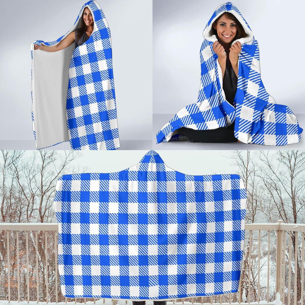 Gingham Blue Pattern Print Hooded Blanket Cloak Blanket gingham blue pattern print hooded blanket cloak blanket 6111