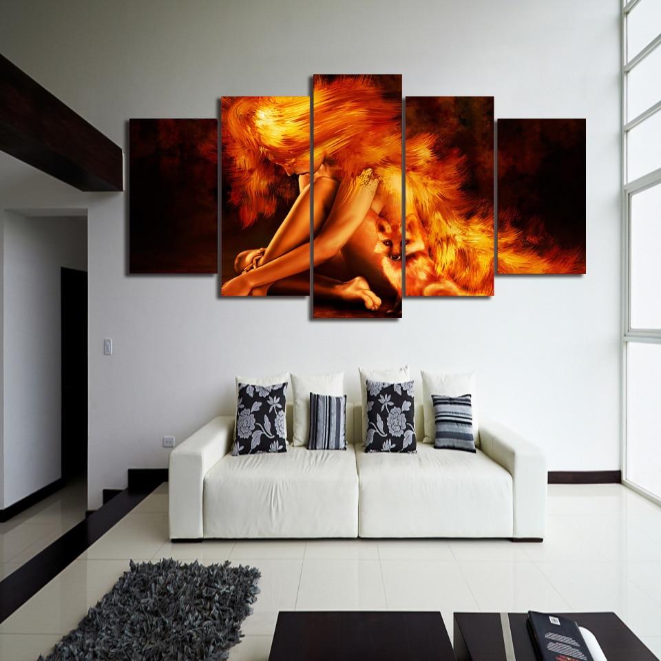 Girl Fire Fox - Abstract 5 Panel Canvas Art Wall Decor girl fire fox abstract 5 panel canvas art wall decor 4875