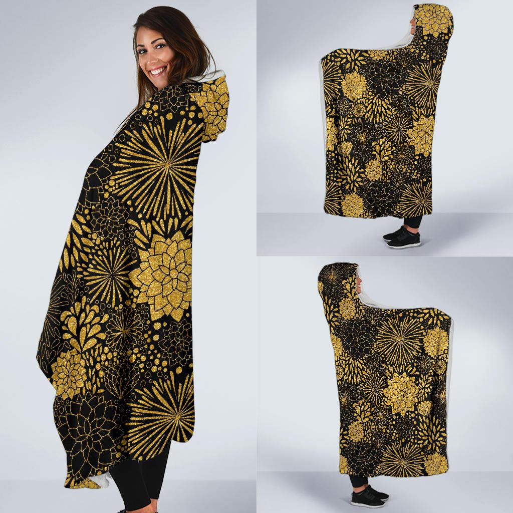 gold glitter floral pattern print hooded blanket cloak blanket 6798