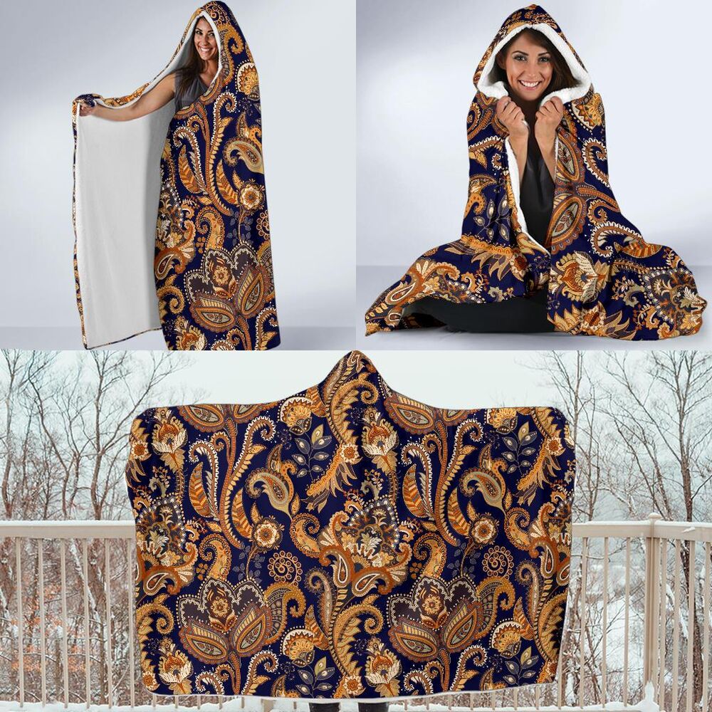Gold Paisley Pattern Print Hooded Blanket Cloak Blanket gold paisley pattern print hooded blanket cloak blanket 6516
