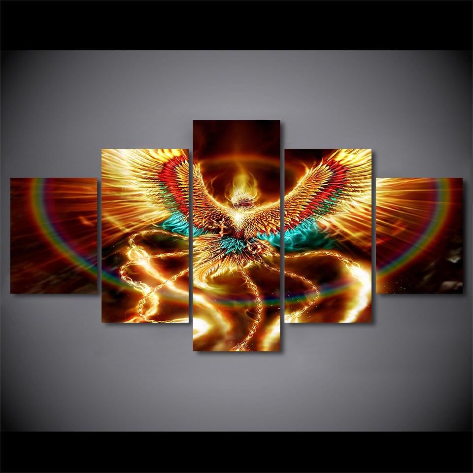 gold phoenix bird abstract 5 panel canvas art wall decor 6022