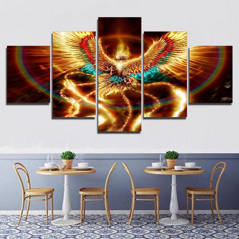 gold phoenix bird abstract 5 panel canvas art wall decor 6859