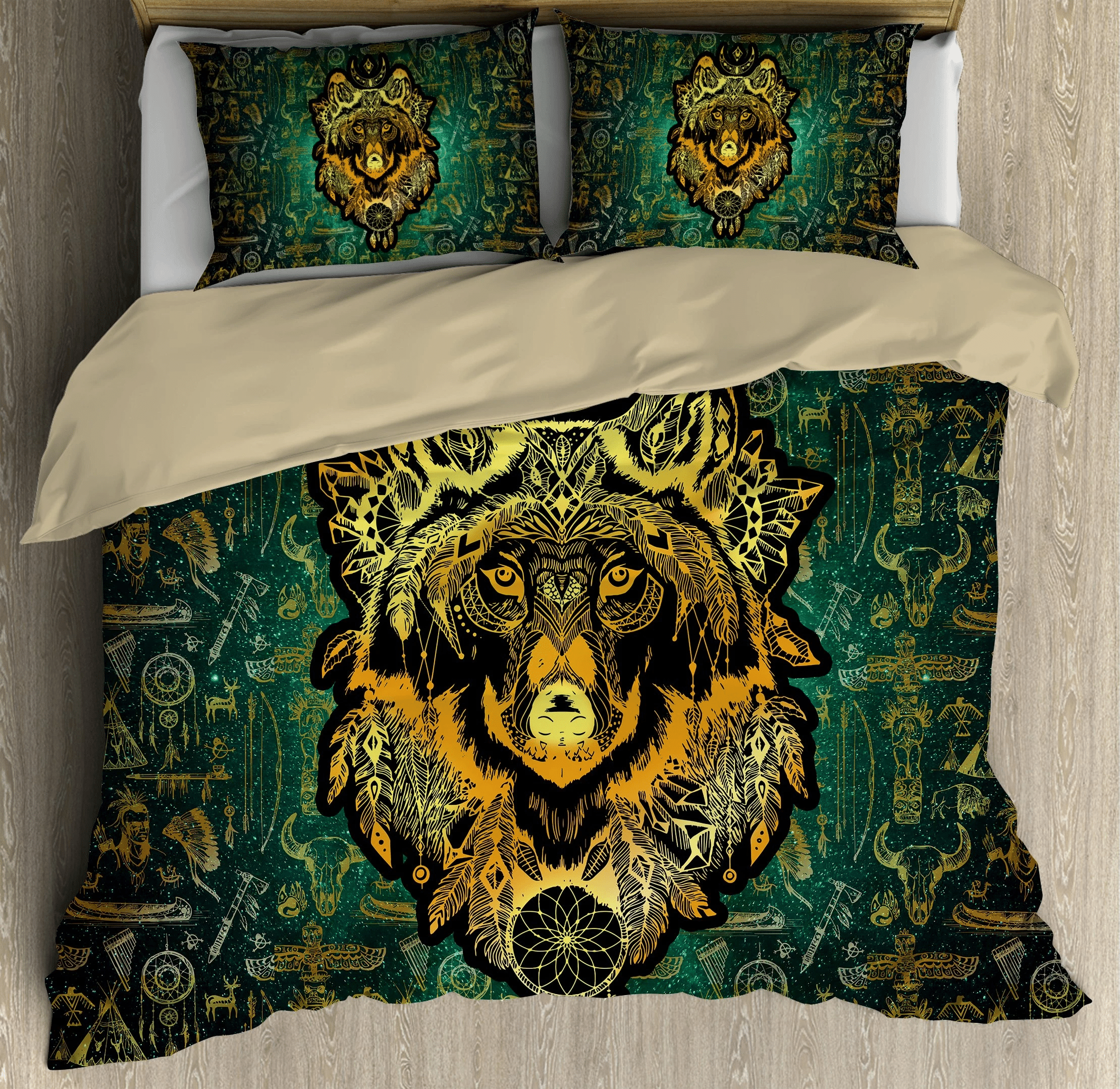 gold wolf boho dreamcatcher duvet cover bedding set bedroom decor 2170