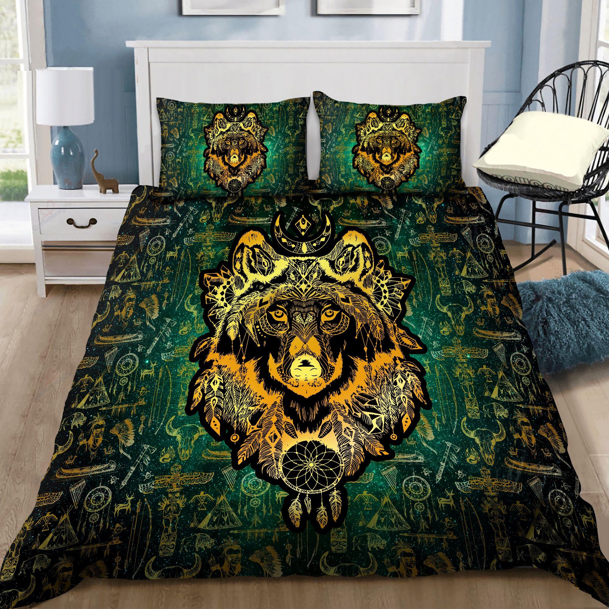 gold wolf boho dreamcatcher duvet cover bedding set bedroom decor 5007