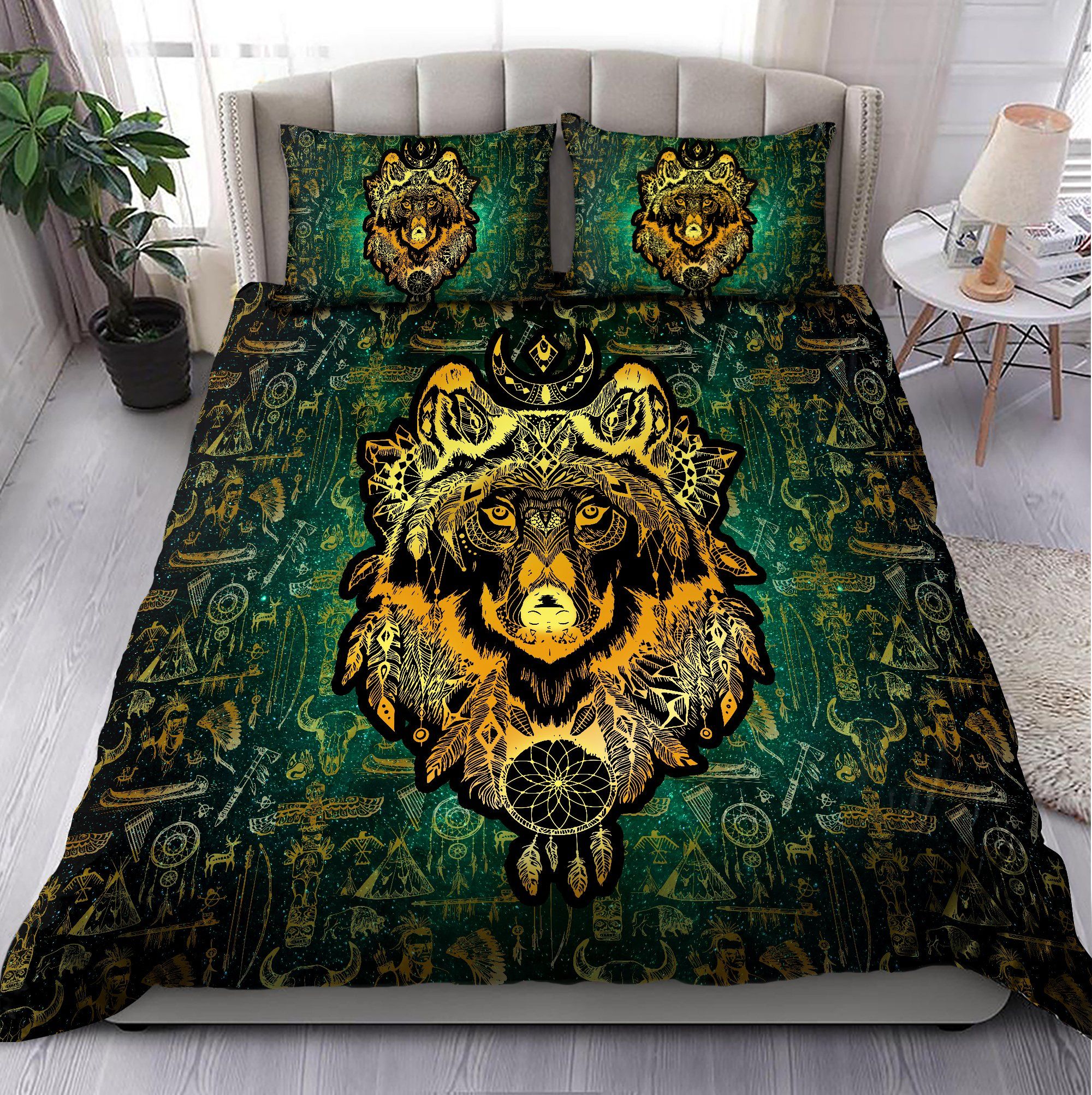 gold wolf boho dreamcatcher duvet cover bedding set bedroom decor 6174