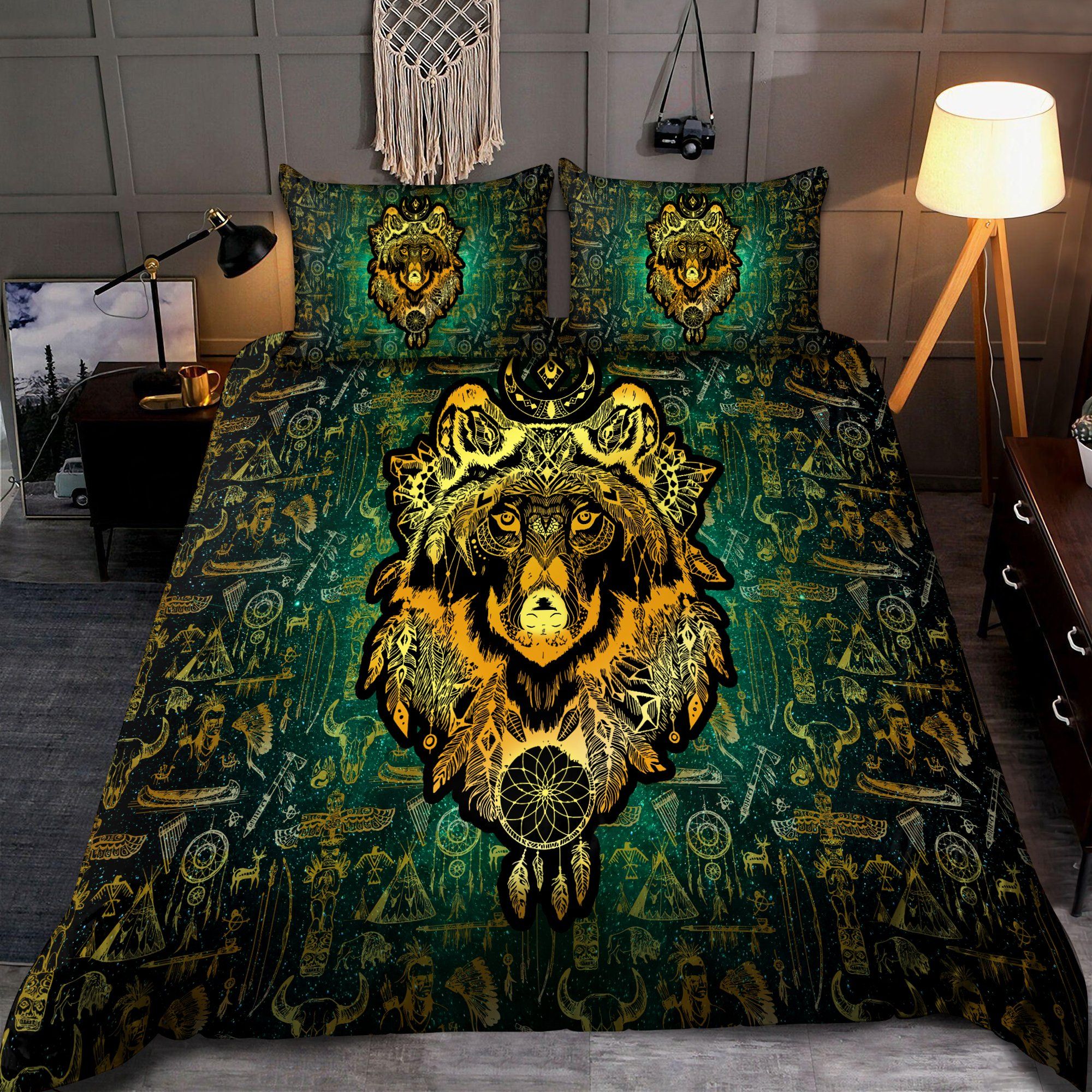 gold wolf boho dreamcatcher duvet cover bedding set bedroom decor 8419