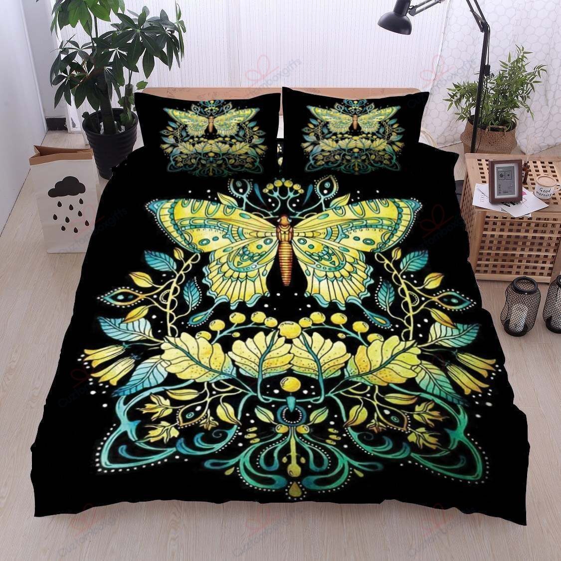 golden butterfly vintage black printed bedding set bedroom decor 4933